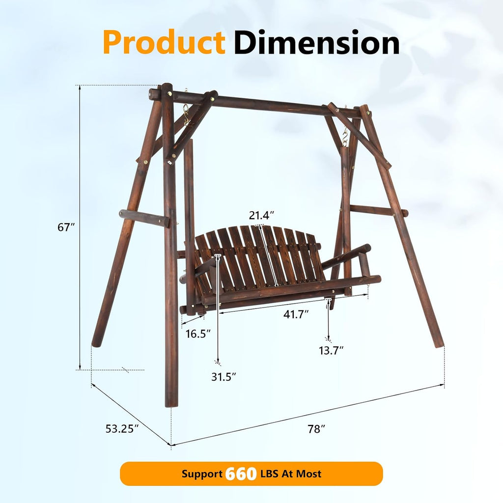 VINGLI Heavy Duty 880 LBS Wooden Patio Porch Swing with A-Frame Stand, Hanging Swing Bench Chair with Frame for Outside, Yard, Garden (Rustic Sequoia Dusk)