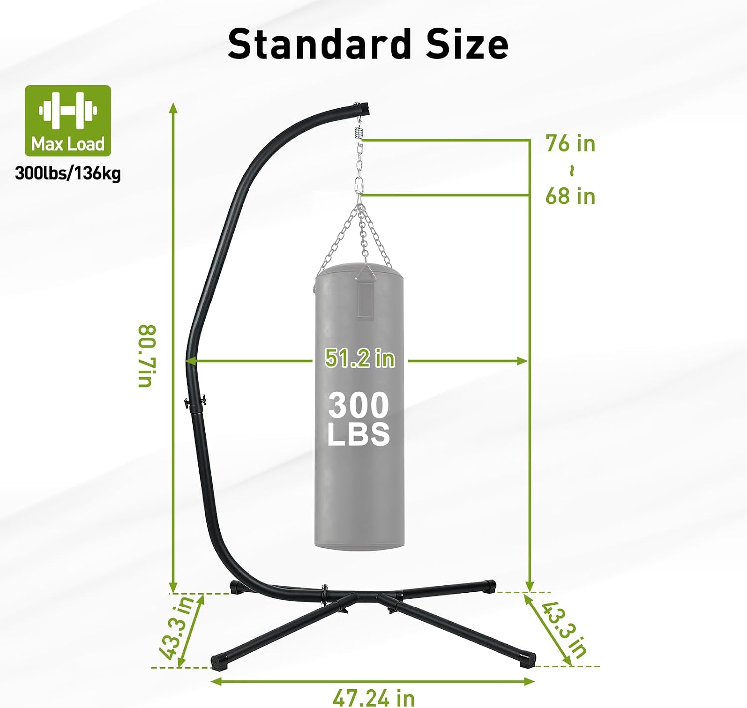 Aoodor Patio Hammock Stand Only, Hammock Chair Metal C-Stand with Hanging Chain, Max Load 330lbs, Black