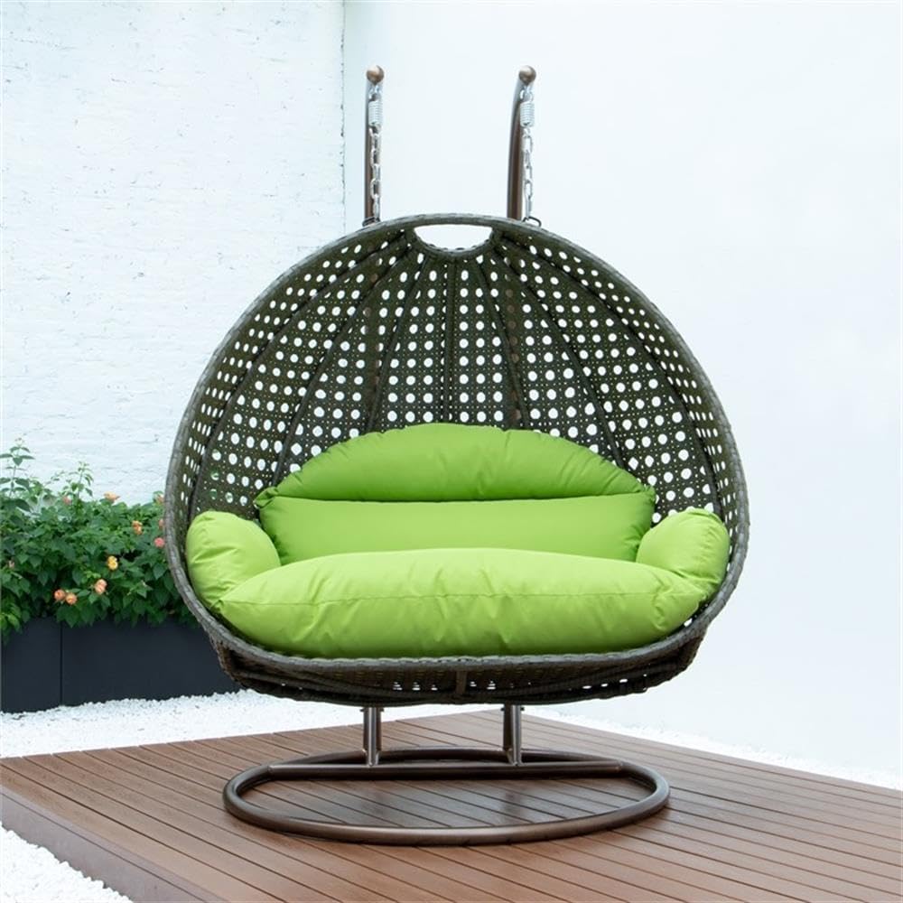 LeisureMod 2 Person Wicker Egg Chair Outdoor Indoor Bedroom Patio Hanging Lounge Swing Hammock Chairs with Beige Stand and UV Resistant Cushions (Light Green)