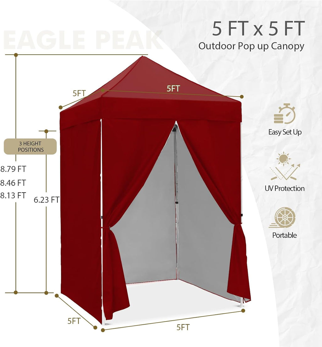 EAGLE PEAK 5x5 Instant Canopy with 4-Side Wall Panels, Small Pop up Portable Canopy Tent with Carry Bag, Light Weight Sun Shelter for Sports, Camping and Beach, Burgundy