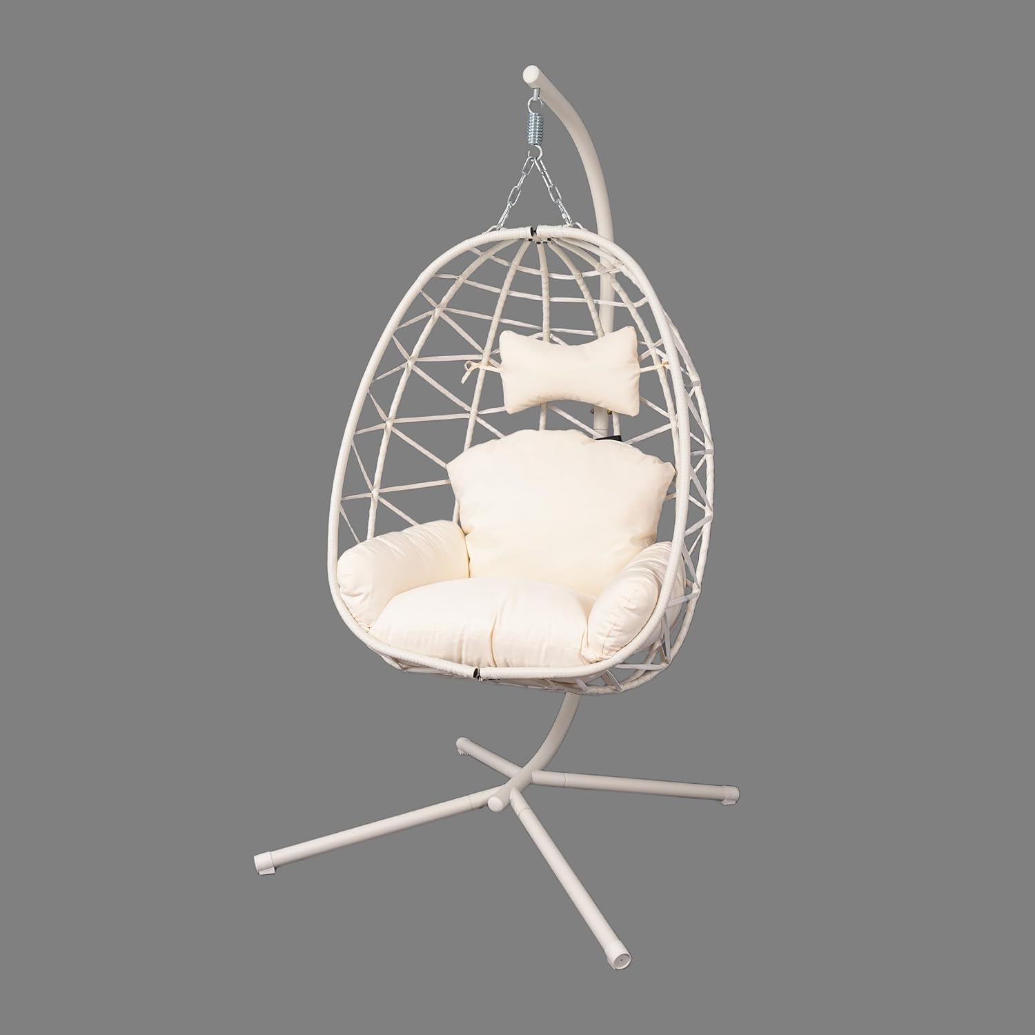 Hanging Egg Chair Swing with Stand, Hanging Chair, Webbing & PE Rattan Weaving, Thickened UV Resistant Cushion & Alloy Steel Frame, for Patio Bedroom Balcony (White Frame with White Cushion)