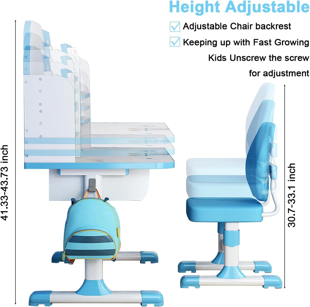 Kids Study Table and Chair Set, Height Adjustable Kids Study Desk with Cartoon Pattern, Widened Tabletop, Back Support & Spine Protect, Prevent Myopia, for Boys & Girls 3+ (blue2)