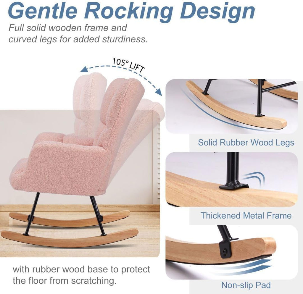 Nursery Rocking Chair, Boho Accent Ottoman, Teddy Upholstered Glider Rocker Accent Chair with High Backrest for Living Room, Small Spaces, Bedroom, Pink