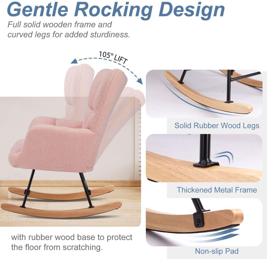 Nursery Rocking Chair, Boho Accent Ottoman, Teddy Upholstered Glider Rocker Accent Chair with High Backrest for Living Room, Small Spaces, Bedroom, Pink