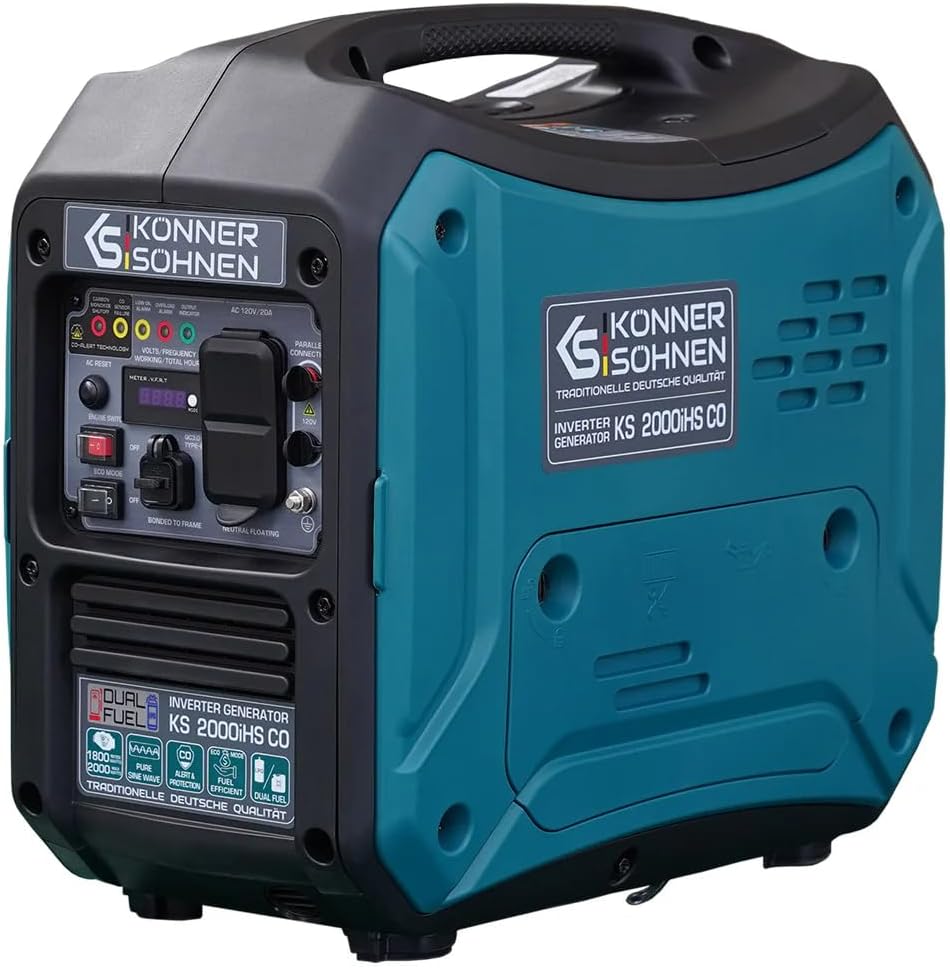 Konner&Sohnen Inverter Generator - 2000 W, Dual Fuel, Lightweight and Portable, Super Quiet with CO Sensor and Fuel-Efficient Technology, LPG/Gas Powered (German brand, model: KS 2000iHS CO)