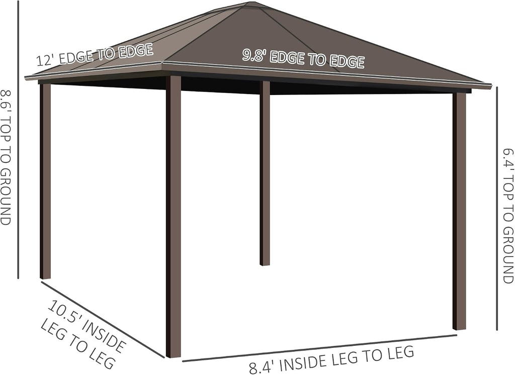 Outsunny 10' x 12' Hardtop Gazebo with Curtains and Netting, Permanent Pavilion Metal Single Roof Gazebo Canopy with Aluminum Frame and Hooks, for Garden, Patio, Backyard, Coffee Brown