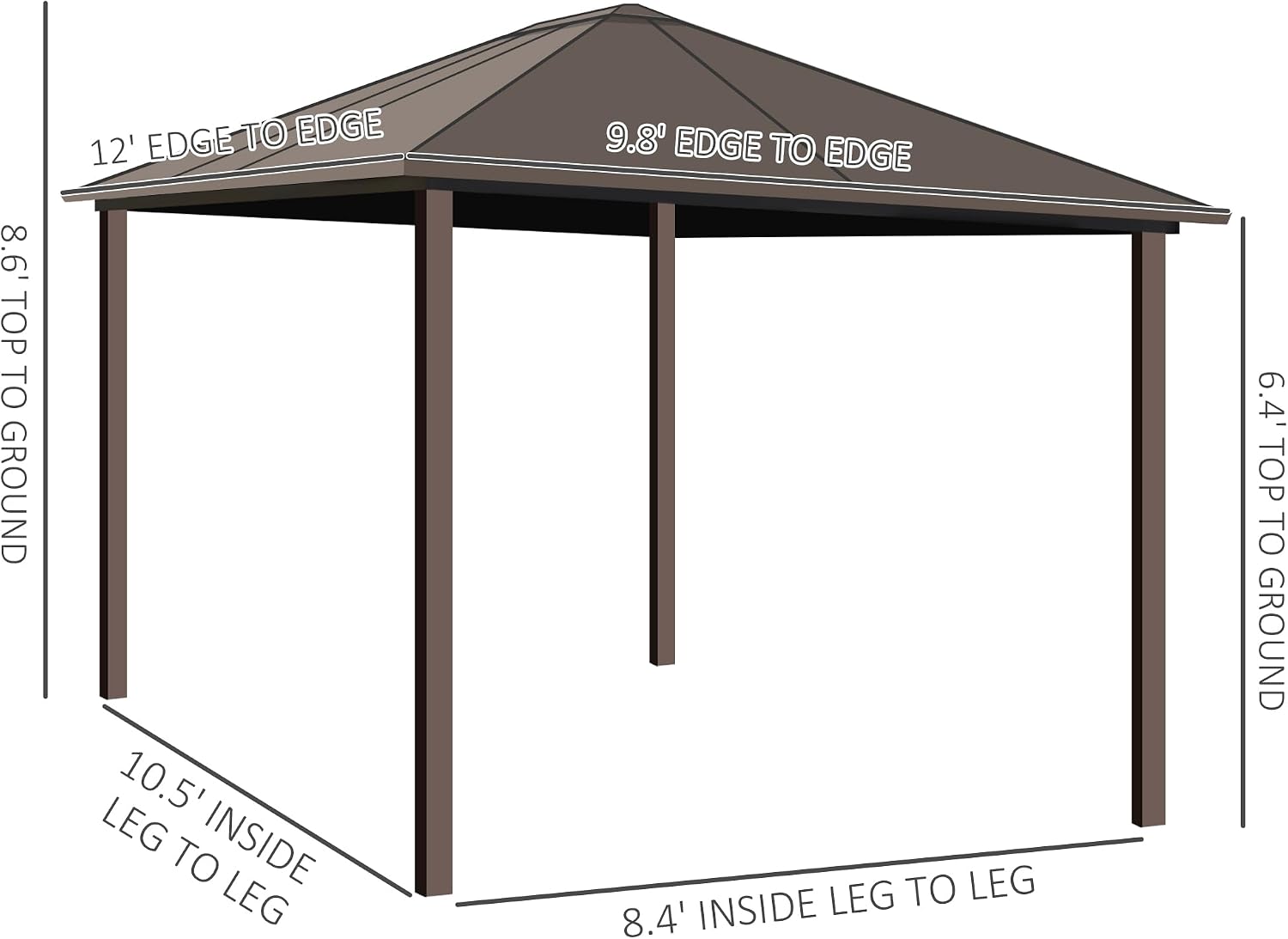 Outsunny 10' x 12' Hardtop Gazebo with Curtains and Netting, Permanent Pavilion Metal Single Roof Gazebo Canopy with Aluminum Frame and Hooks, for Garden, Patio, Backyard, Coffee Brown