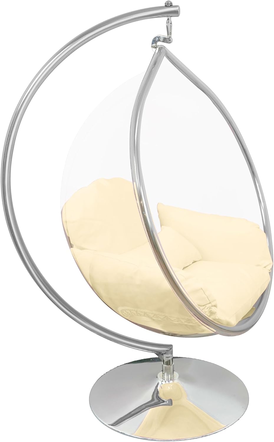 Hanging Chair - Transparent Acrylic Bubble, Waterdrop Shape, Indoor Swing Chair with Gold/Chrome Stand, Durable Fabric Cushion - Luxury Accent for Living Room, Bedroom (Chrome/Ivory)