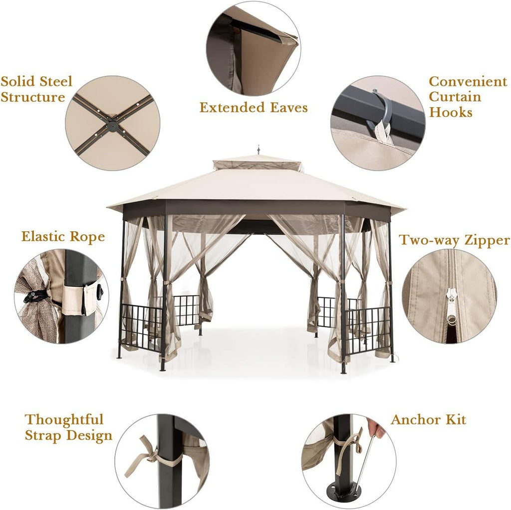 Tangkula 10 x 12 Ft Patio Gazebo, Heavy Duty Octagonal Canopy Gazebo w/Netting Sidewalls and Sturdy Steel Frame, Double Roof Vented Gazebo Canopy Shelter for Backyard Event Party BBQ (Beige)