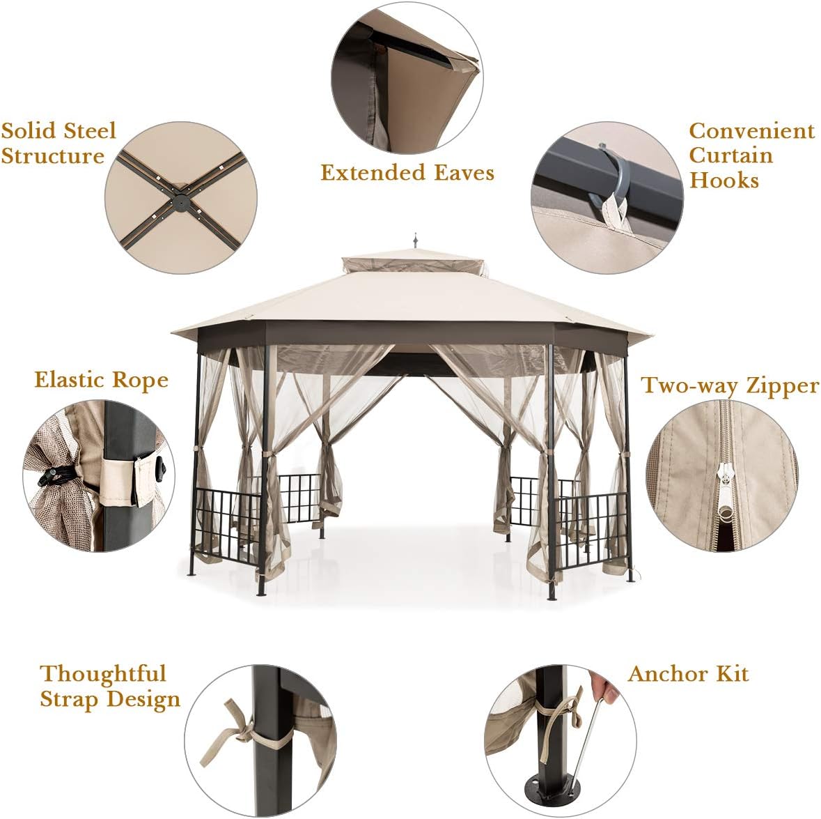 Tangkula 10 x 12 Ft Patio Gazebo, Heavy Duty Octagonal Canopy Gazebo w/Netting Sidewalls and Sturdy Steel Frame, Double Roof Vented Gazebo Canopy Shelter for Backyard Event Party BBQ (Beige)