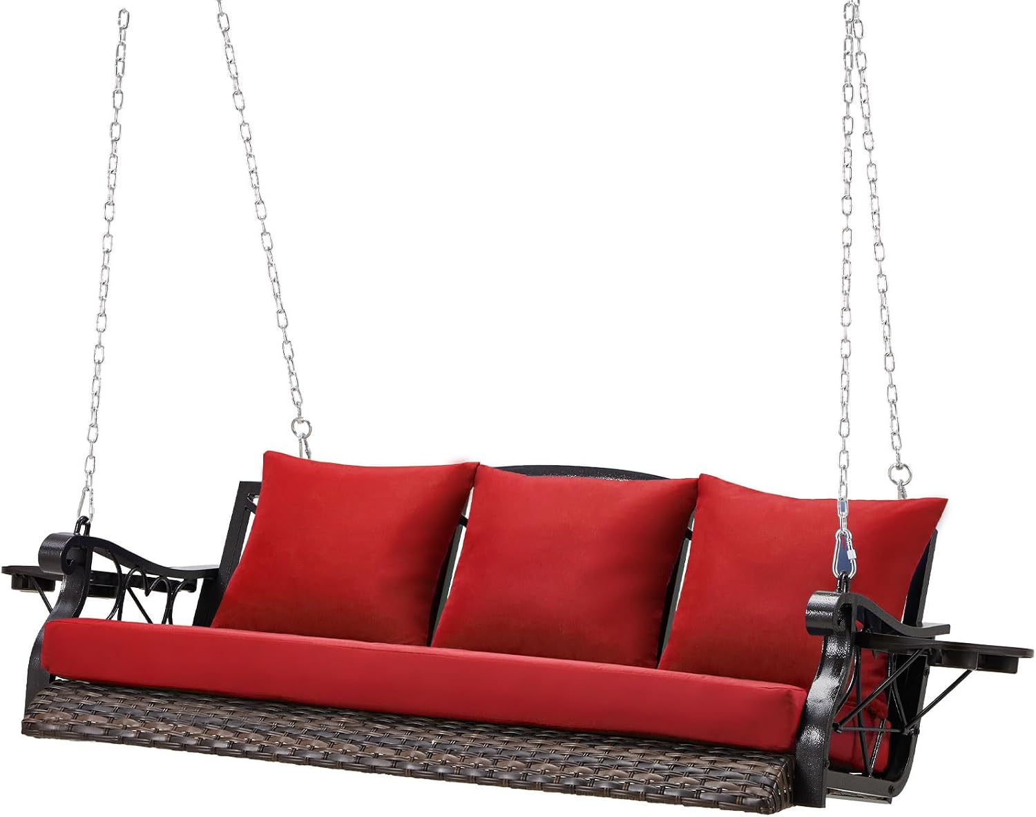 ZZW Heavy Duty 900 LBS Porch Swing Chair 3-Person Outdoor Rattan Patio Swing Lounge w/Cup-Holder & Steel Chains Wicker Hanging Bench Porch Swing Cushions for Deck & Backyard & Garden