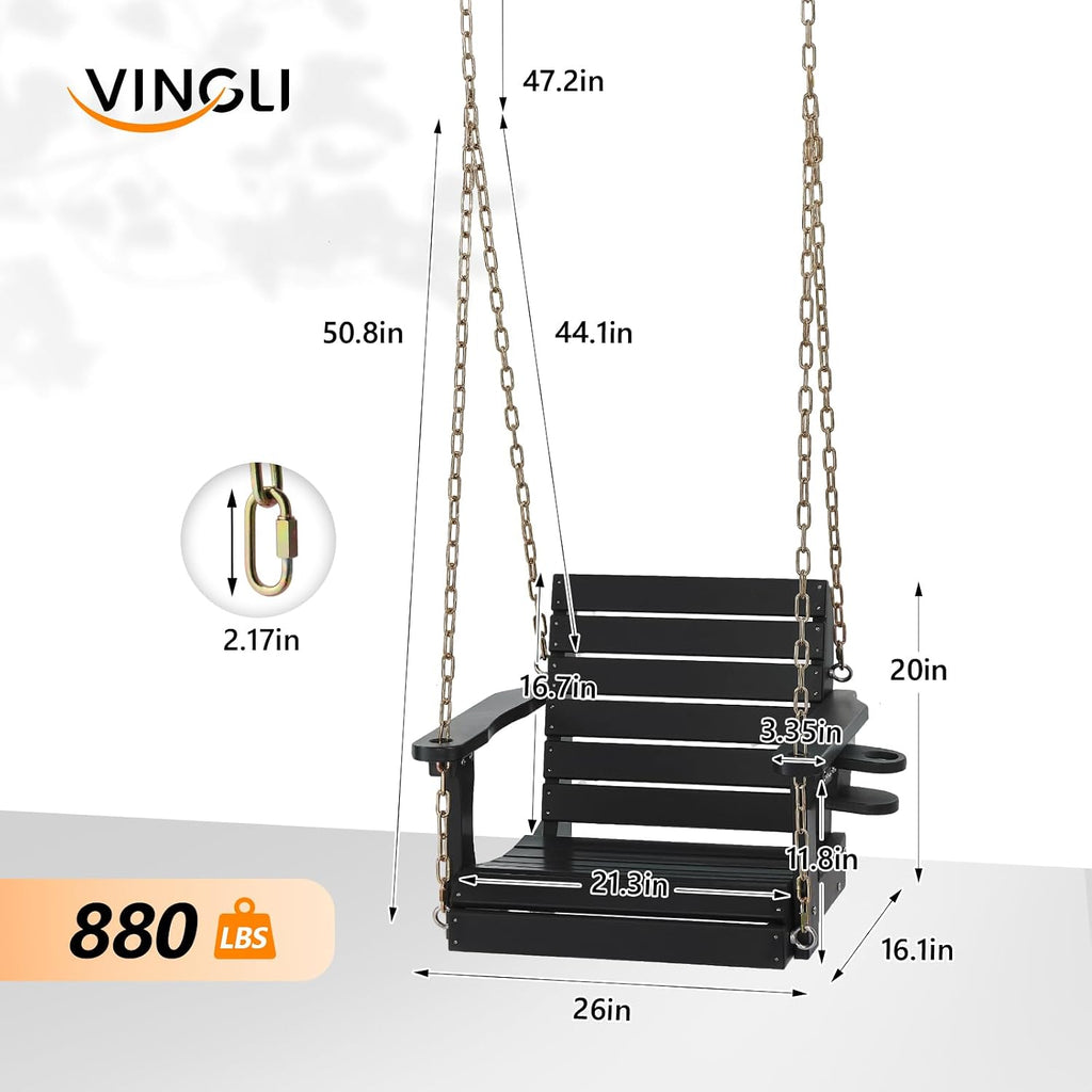 VINGLI Heavy Duty 880 LBS HDPE Porch Swing Outdoor with Rotatable Cup Holder, with Adjustable Chains, 1 Person Hanging Porch Swing Chair for Porch, Yard, Tree, Garden - Black