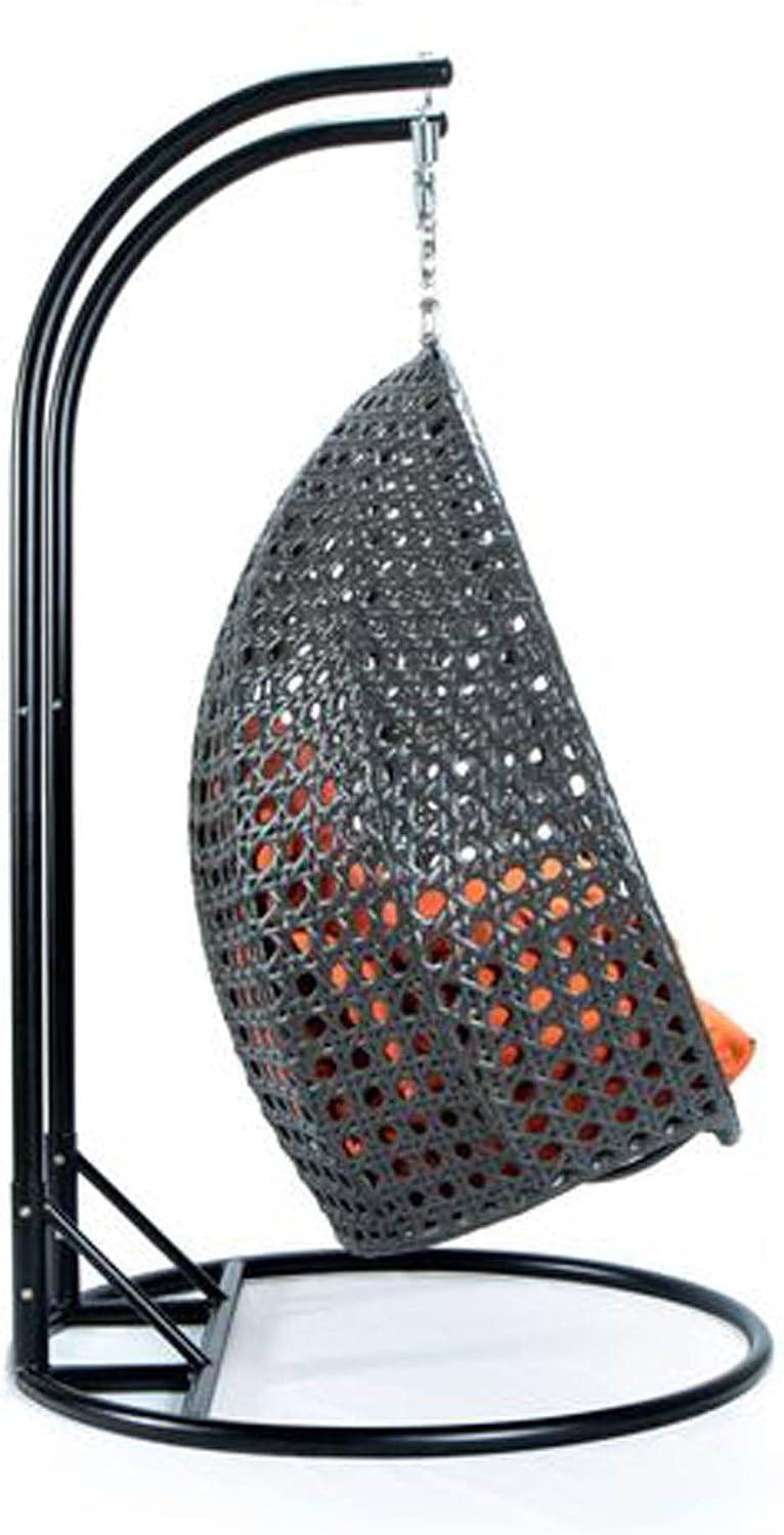 LeisureMod 2 Person Wicker Hanging Egg Chair, Indoor Outdoor Patio Swing with Black Stand & UV-Resistant Cushions, Lounge Chair for Bedroom & Garden, Orange