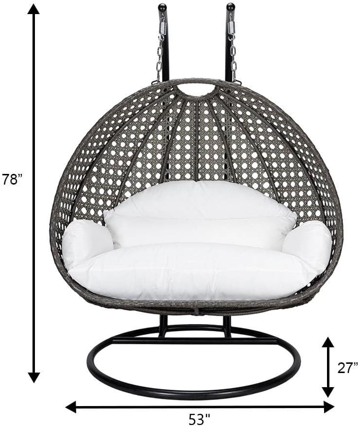 LeisureMod 2 Person Wicker Hanging Egg Chair, Indoor Outdoor Patio Swing with Black Stand & UV-Resistant Cushions, Lounge Chair for Bedroom & Garden, White