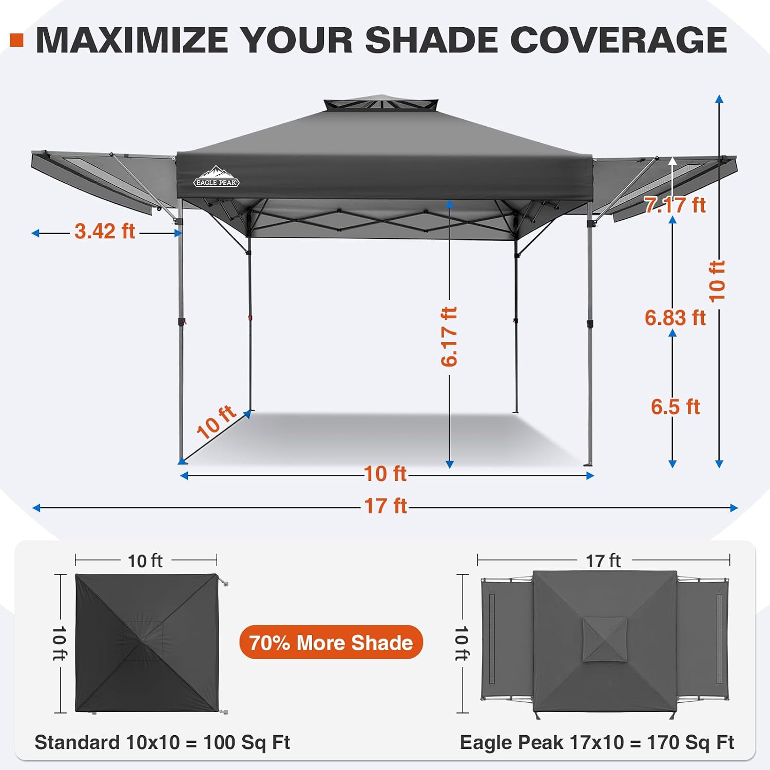 EAGLE PEAK 17x10 Pop up Gazebo Canopy Tent Outdoor Instant Canopy Shelter with Adjustable Dual Half Awnings (Gray)