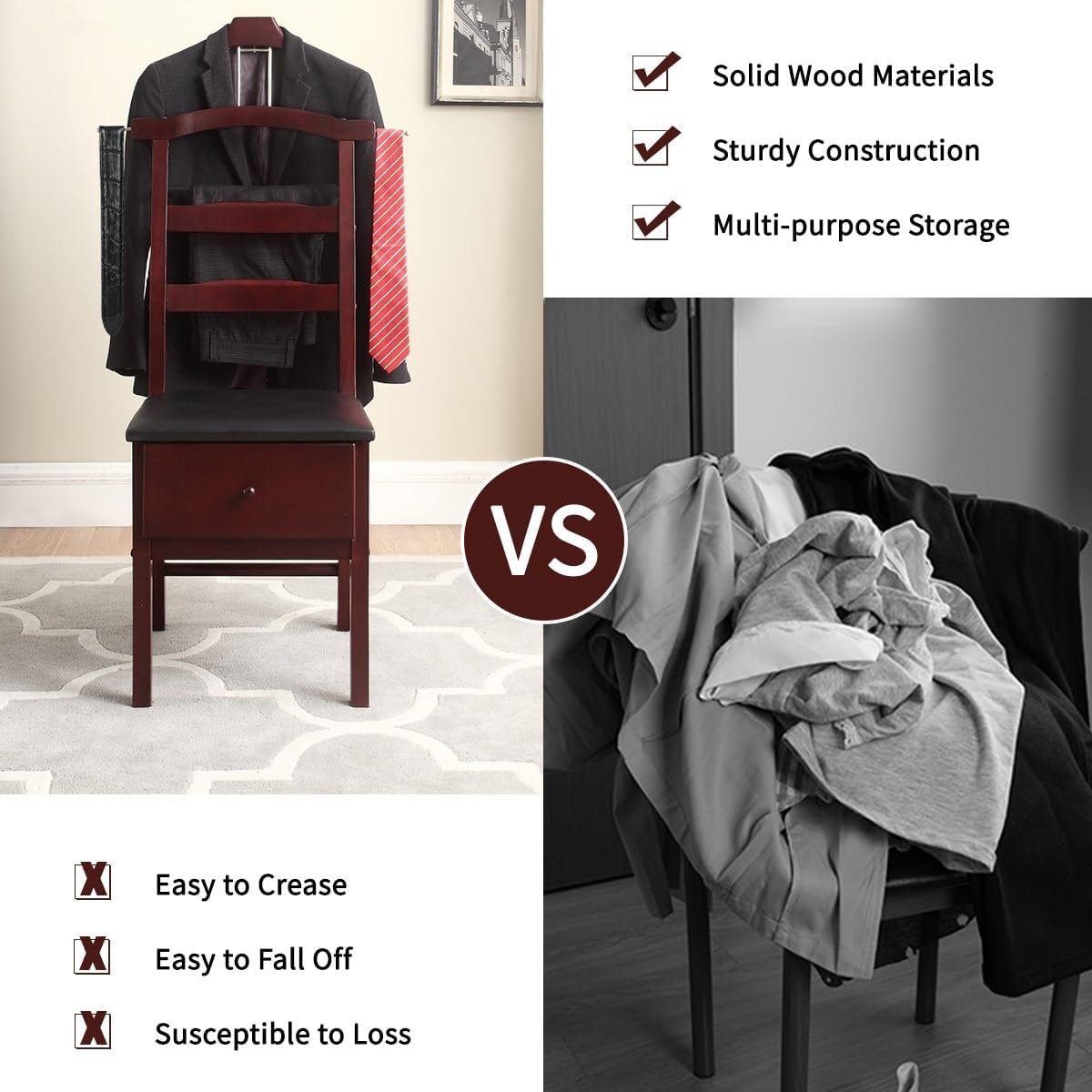 Wooden Suit Valet Stand with Contour Hanger Chair Valet with Drawer Trouser Bar and Tie & Belt Bar Freestanding Clothes Valet Stand Organizer Storage for Men and Women(Dark Brown)