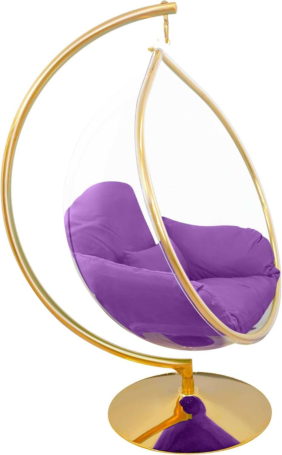 Hanging Chair - Transparent Acrylic Bubble, Waterdrop Shape, Indoor Swing Chair with Gold/Chrome Stand, Durable Fabric Cushion - Luxury Accent for Living Room, Bedroom (Gold/Purple)