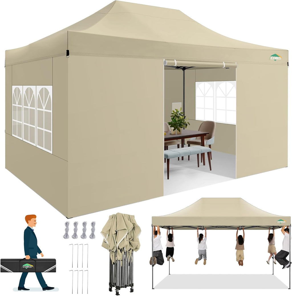 COBIZI 10x15 Pop up Canopy Gazebo 3.0, Easy up Heavy Duty Canopy with 4 Removable Sidewalls, High Stability, All Weather Sunshade 100% Waterproof Outdoor Canopy Tents, Khaki