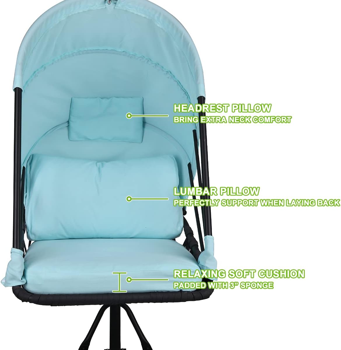 Foldable Hanging Chair Swing Hammock Egg Chair PE Rattan Wicker Seat w/Padded Cushion Headrest Pillow Canopy for Outdoor, Indoor, Blue