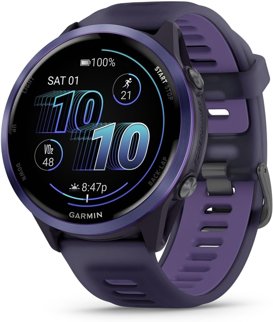Garmin Forerunner 570 (47 mm, Indigo/Translucent Imperial Purple) Running GPS Smartwatch - AMOLED Display, Training - Gift Box Bundle with PlayBetter HD Screen Protectors, Wall Adapter & Case