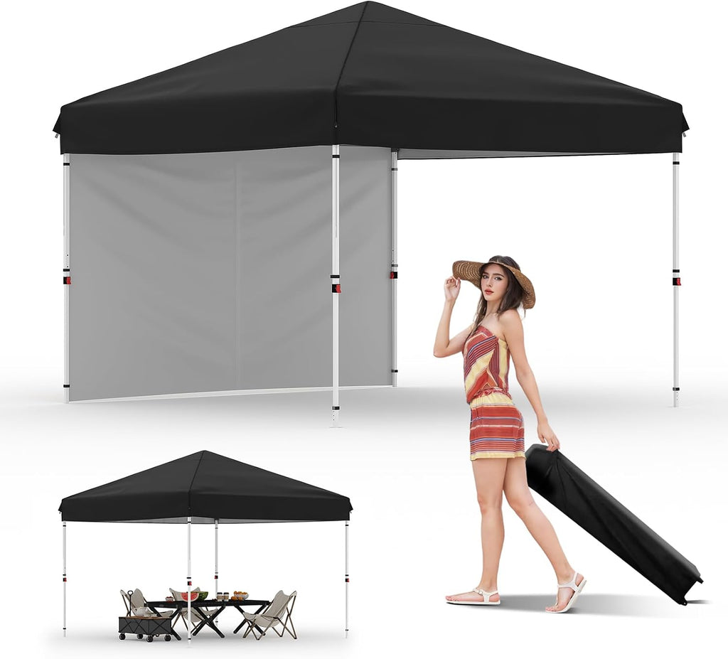 10x10FT Instant Pop Up Canopy Tent with 1 Side Wall, Heavy Duty Canopy Set, Waterproof and UV Protected Tailgate Tent for Outdoor Events (Black)