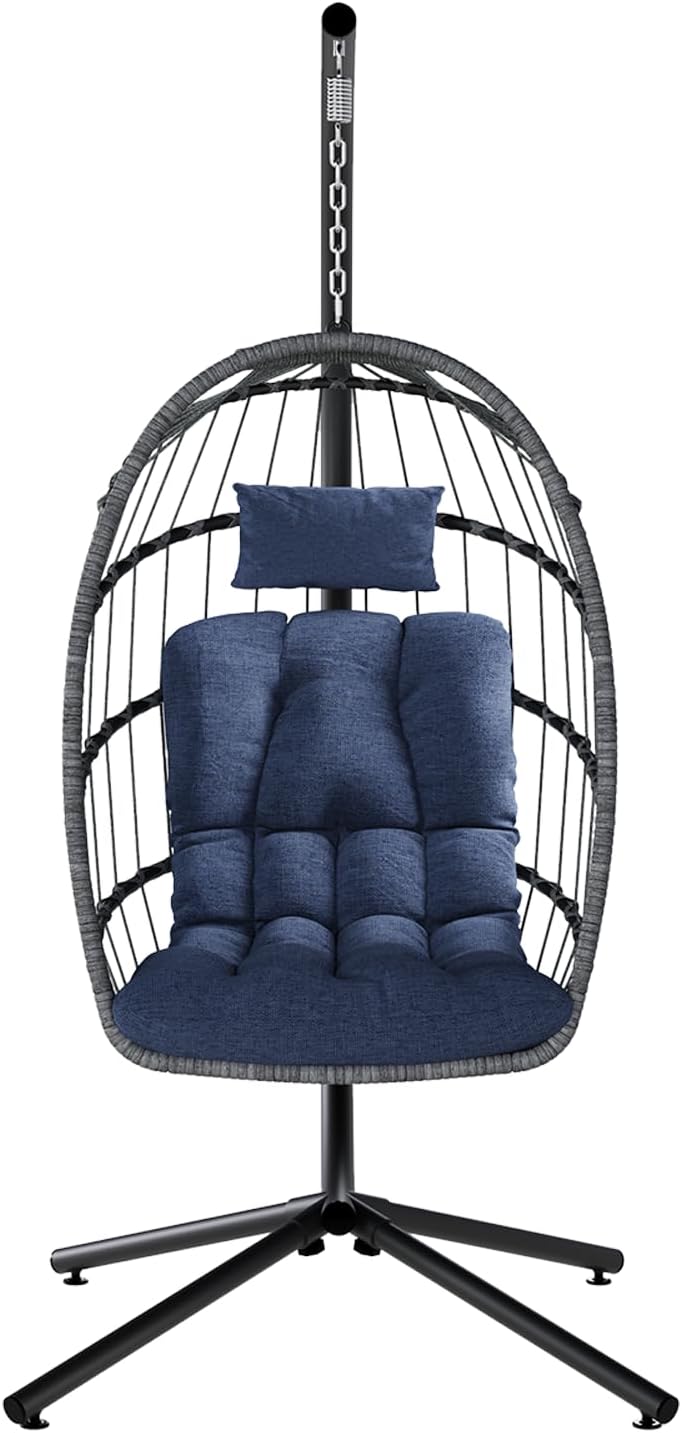 SWITTE Egg Chair Outdoor with Stand, Indoor Wicker Hanging Egg Swing Chair with Cushion, 350lbs Capacity for Patio, Bedroom, Garden - Dark Blue