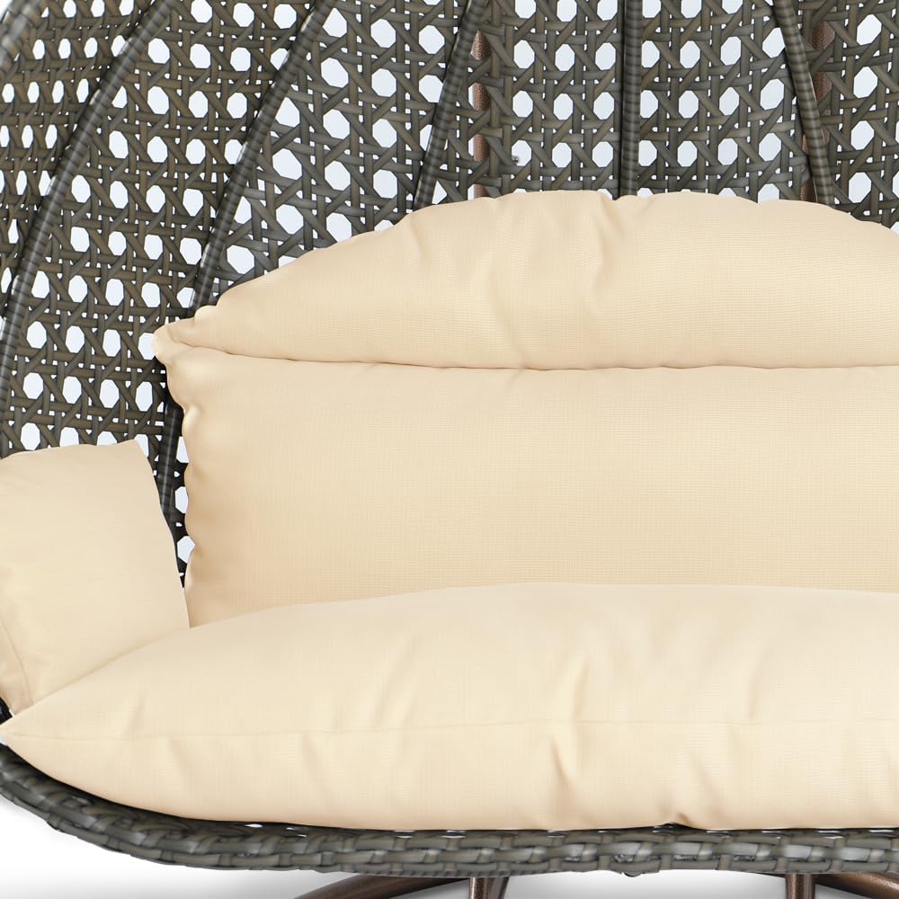 LeisureMod 2-Person Wicker Egg Chair, Hanging Swing Chair for Indoor & Outdoor Use with Cushions, Beige Steel Stand, UV-Resistant, Hammock Lounge Seat for Patio, Porch, or Bedroom (Cream)