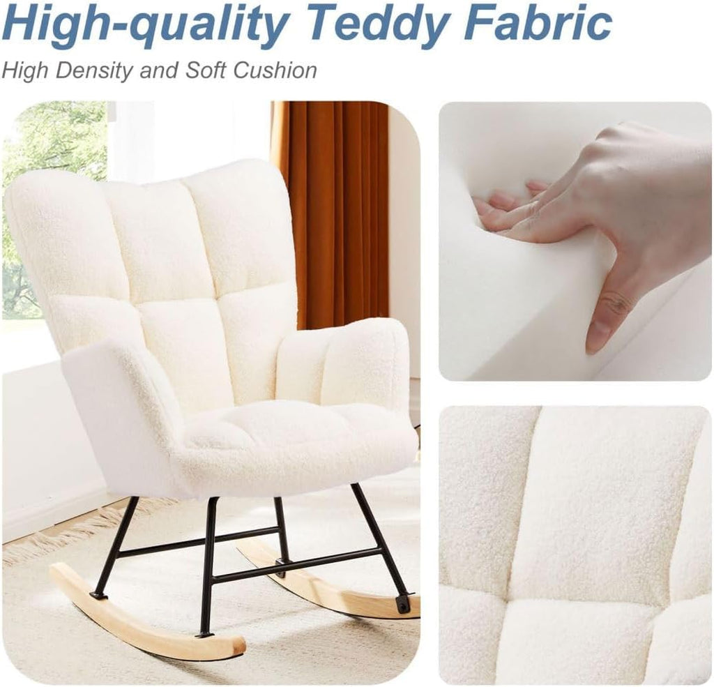 Nursery Rocking Chair, Boho Accent Ottoman, Teddy Upholstered Glider Rocker Accent Chair with High Backrest for Living Room, Small Spaces, Bedroom, Beige