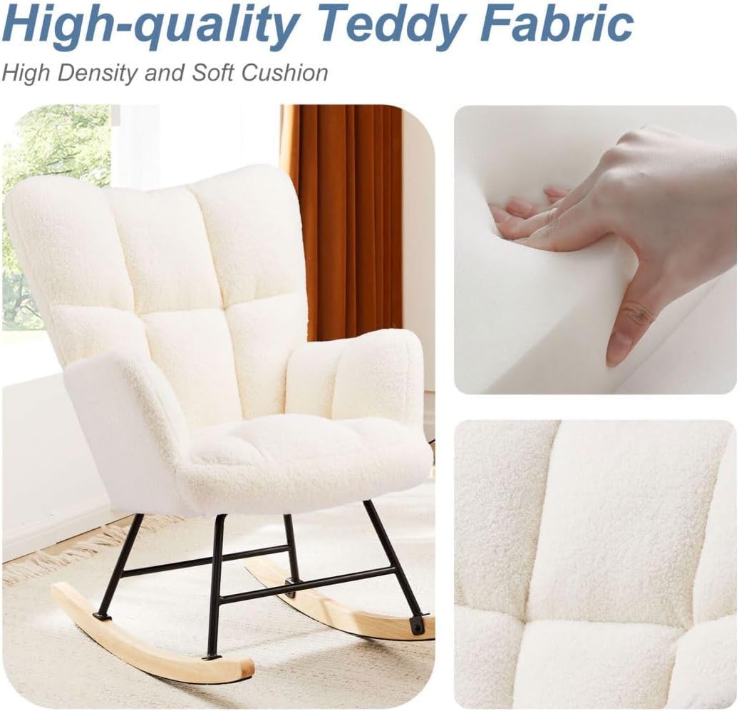 Nursery Rocking Chair, Boho Accent Ottoman, Teddy Upholstered Glider Rocker Accent Chair with High Backrest for Living Room, Small Spaces, Bedroom, Beige