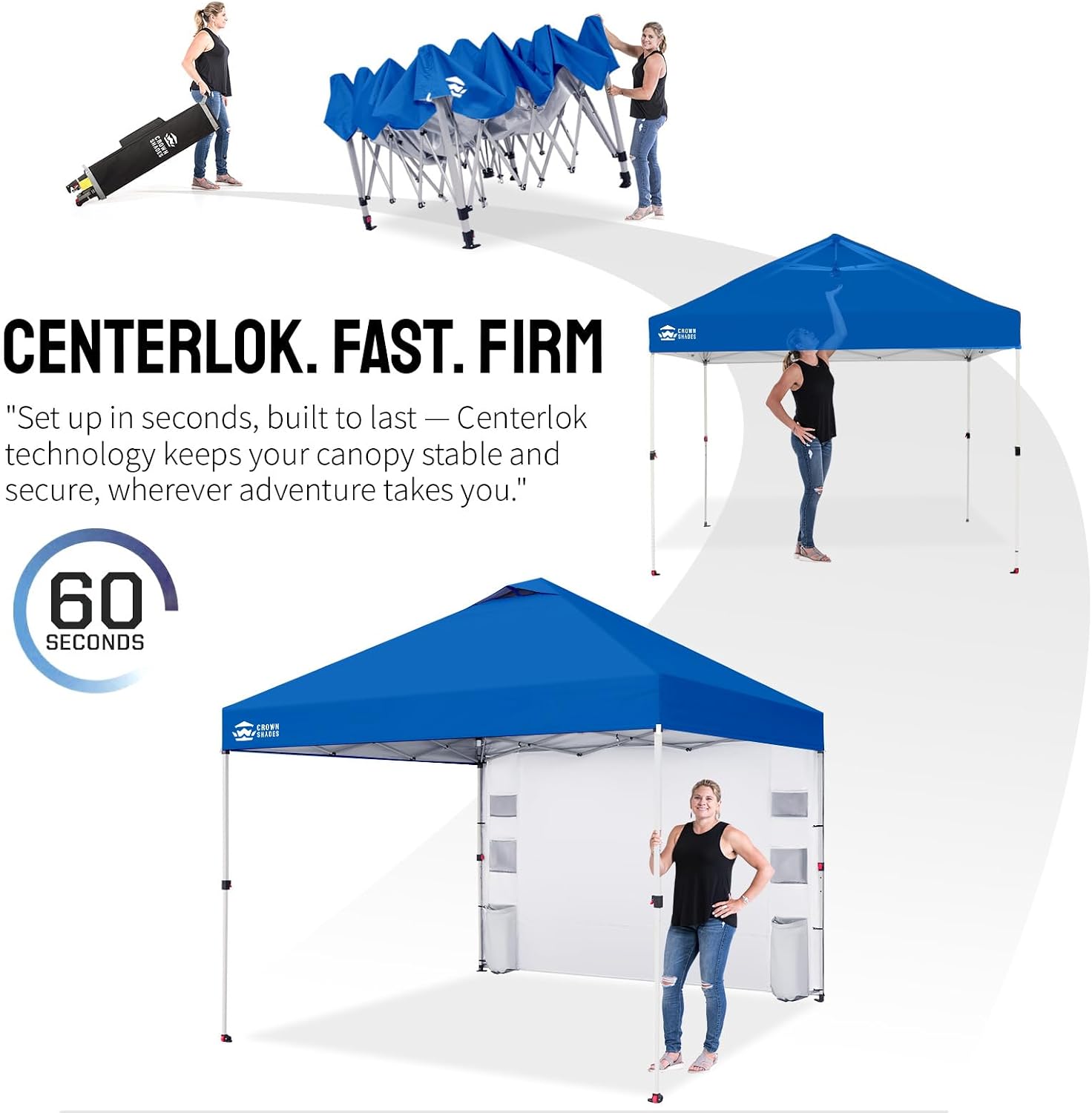 CROWN SHADES Canopy Tent, 10 x 10 Foot Portable Pop Up Outdoor Shelter with Pocket Sidewall, Push Center Lock, UV Protection, and Carry Bag, Blue