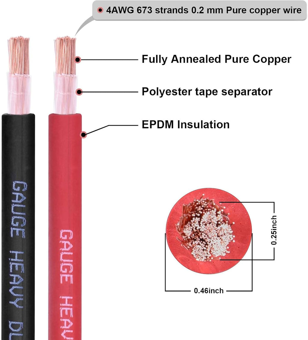 4 Gauge Battery Cable, 25FT Red + 25FT Black 4 AWG Pure Copper Wire Welding Cable, for Automotive, Battery, Solar and Generator, Standard USA OFC Wire