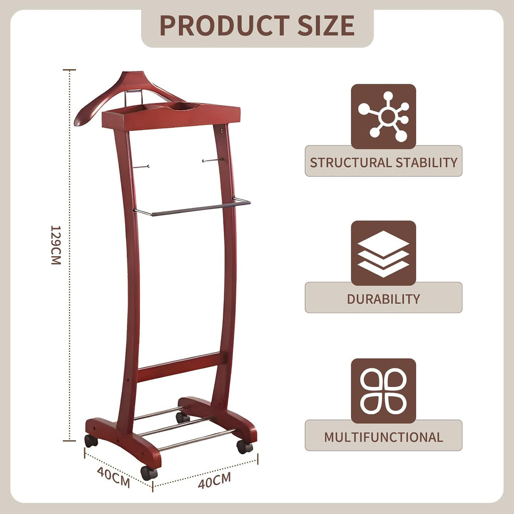 Wooden Suit Valet Stand, with Wheels mobile Floor Standing Suit Coat Stand With Contour Hanger Trouser Bar And Top Storage Tray, Freestanding Valet Stand for Men Women Office Living Room Wine red