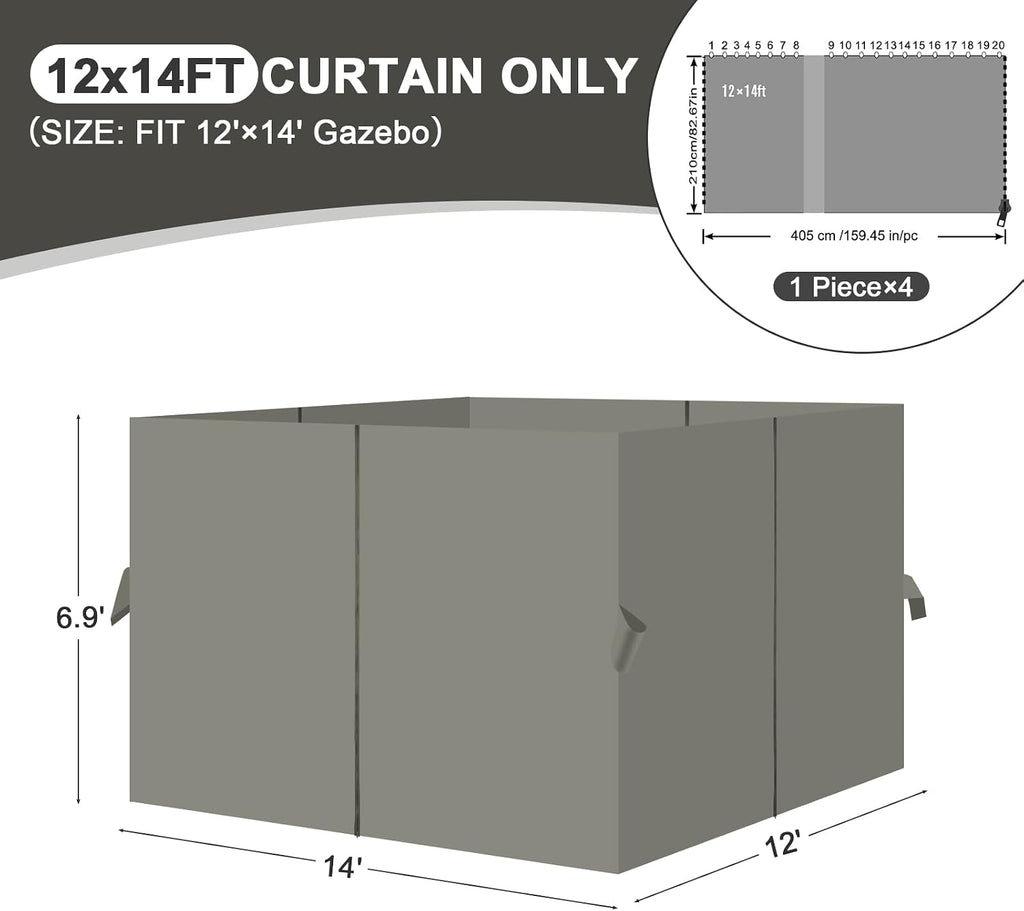 Aoodor 12x14 ft Outdoor Gazebo Curtains, 4 Panels Waterproof Privacy Sidewall Replacement with Zipper for Patio Pergola and Canopy, Gray