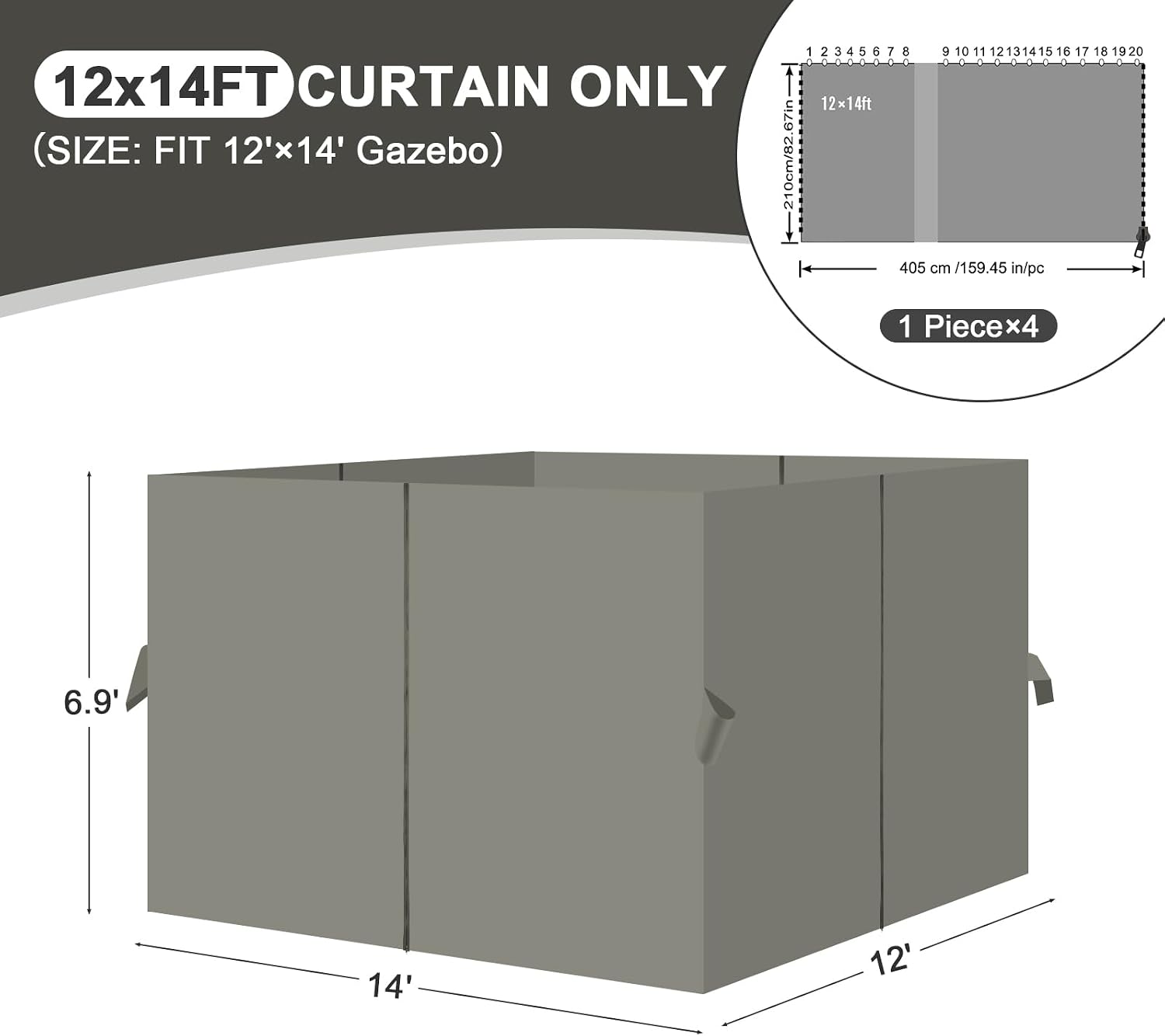 Aoodor 12x14 ft Outdoor Gazebo Curtains, 4 Panels Waterproof Privacy Sidewall Replacement with Zipper for Patio Pergola and Canopy, Gray
