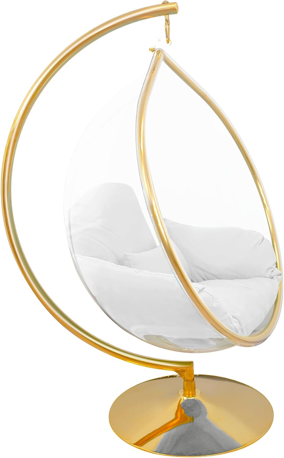 Hanging Chair - Transparent Acrylic Bubble, Waterdrop Shape, Indoor Swing Chair with Gold/Chrome Stand, Durable Fabric Cushion - Luxury Accent for Living Room, Bedroom (Gold/White)