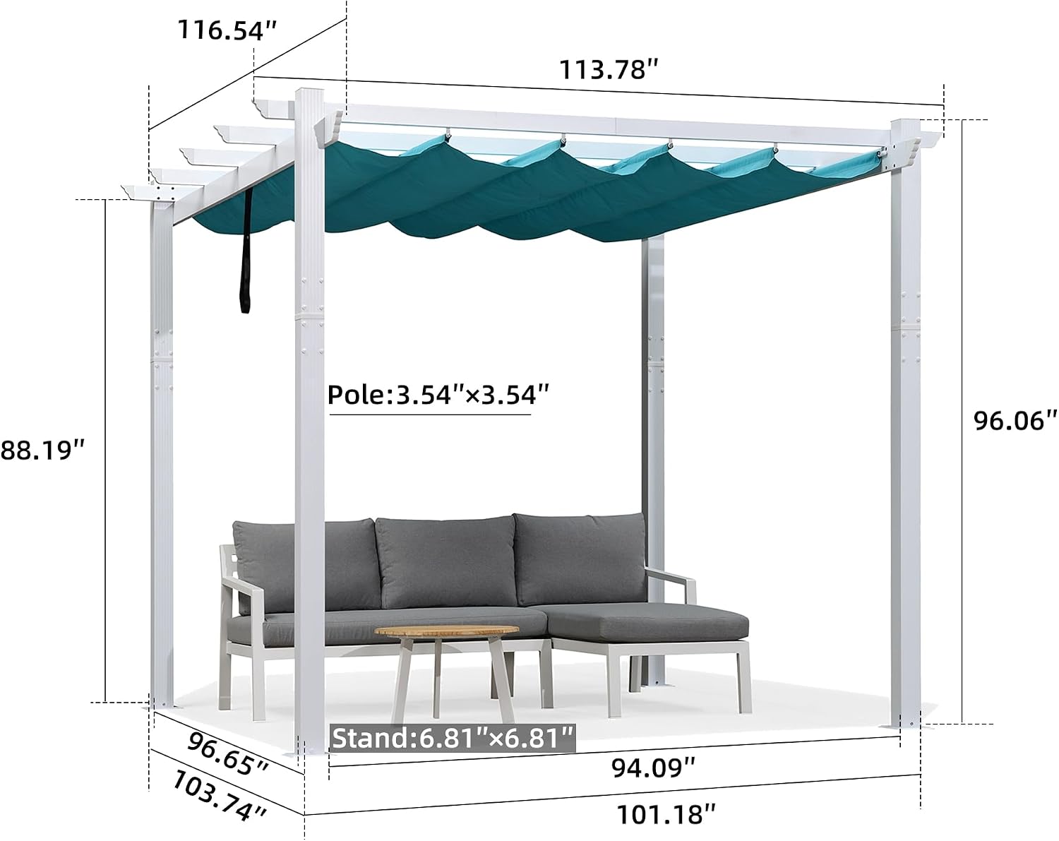PURPLE LEAF 10' X 10' Outdoor Retractable Pergola with Sun Shade Canopy Cover White Patio Metal Shelter for Garden Porch Yard BBQ Beach Gazebo Grape Trellis Pergola, Turquoise Blue