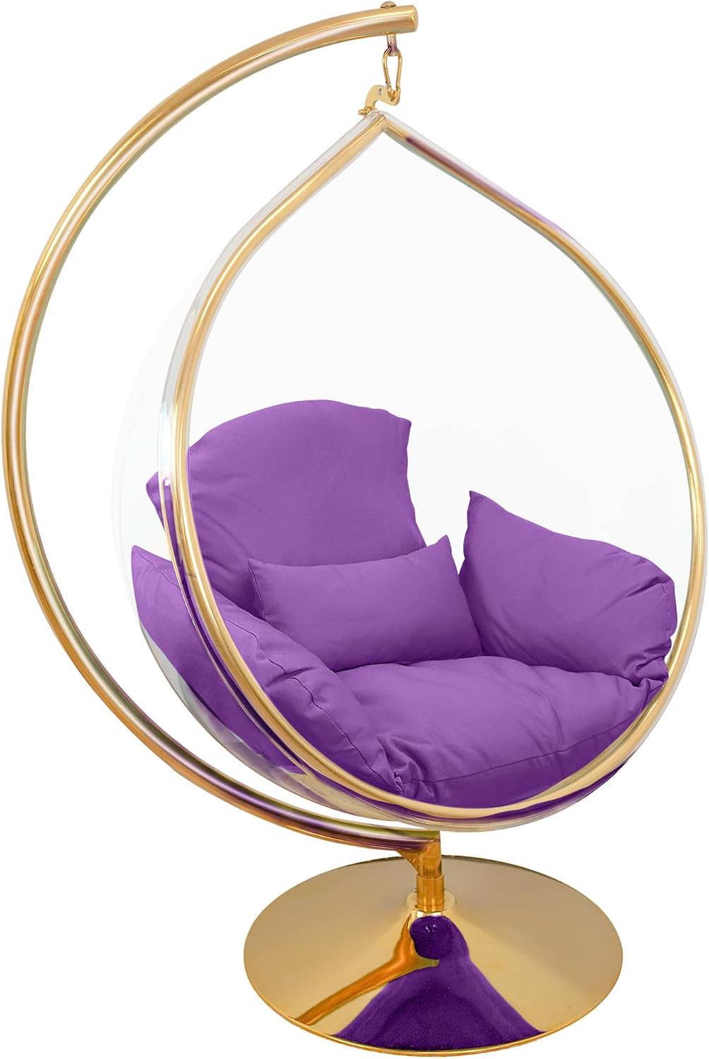 Hanging Chair - Transparent Acrylic Bubble, Waterdrop Shape, Indoor Swing Chair with Gold/Chrome Stand, Durable Fabric Cushion - Luxury Accent for Living Room, Bedroom (Gold/Purple)