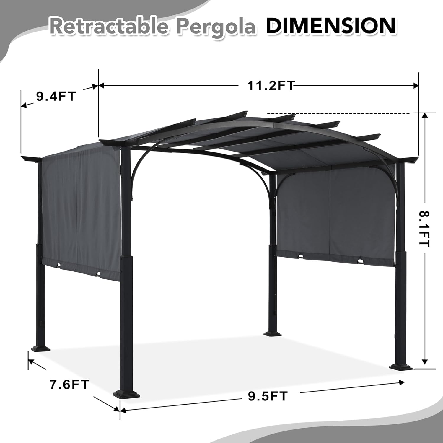 MASTERCANOPY 10x12ft Outdoor Retractable Pergola with Sun Shade Canopy Patio Metal Garden Pergola,Dark Grey