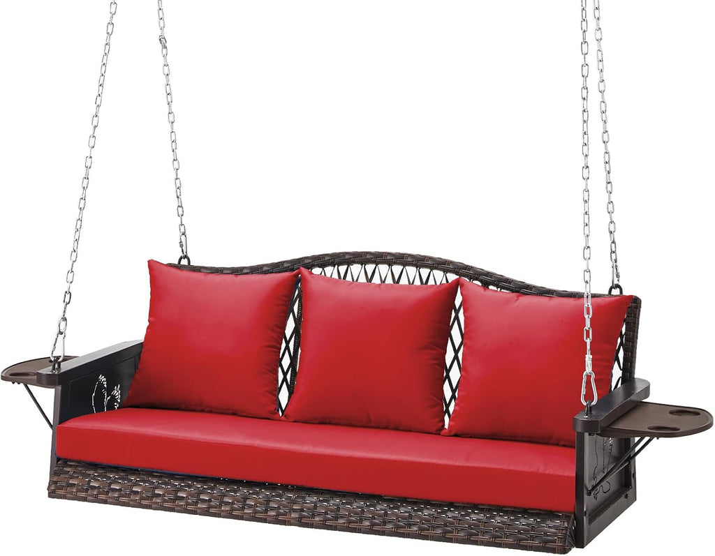 ZZW Upgraded Wicker Hanging Porch Swing Heavy Duty 900 LBS 3-Seat Outdoor Patio Swing Chair Bench for Adult w/ 8.9ft Hanging Chains Cushions and Cup Holder