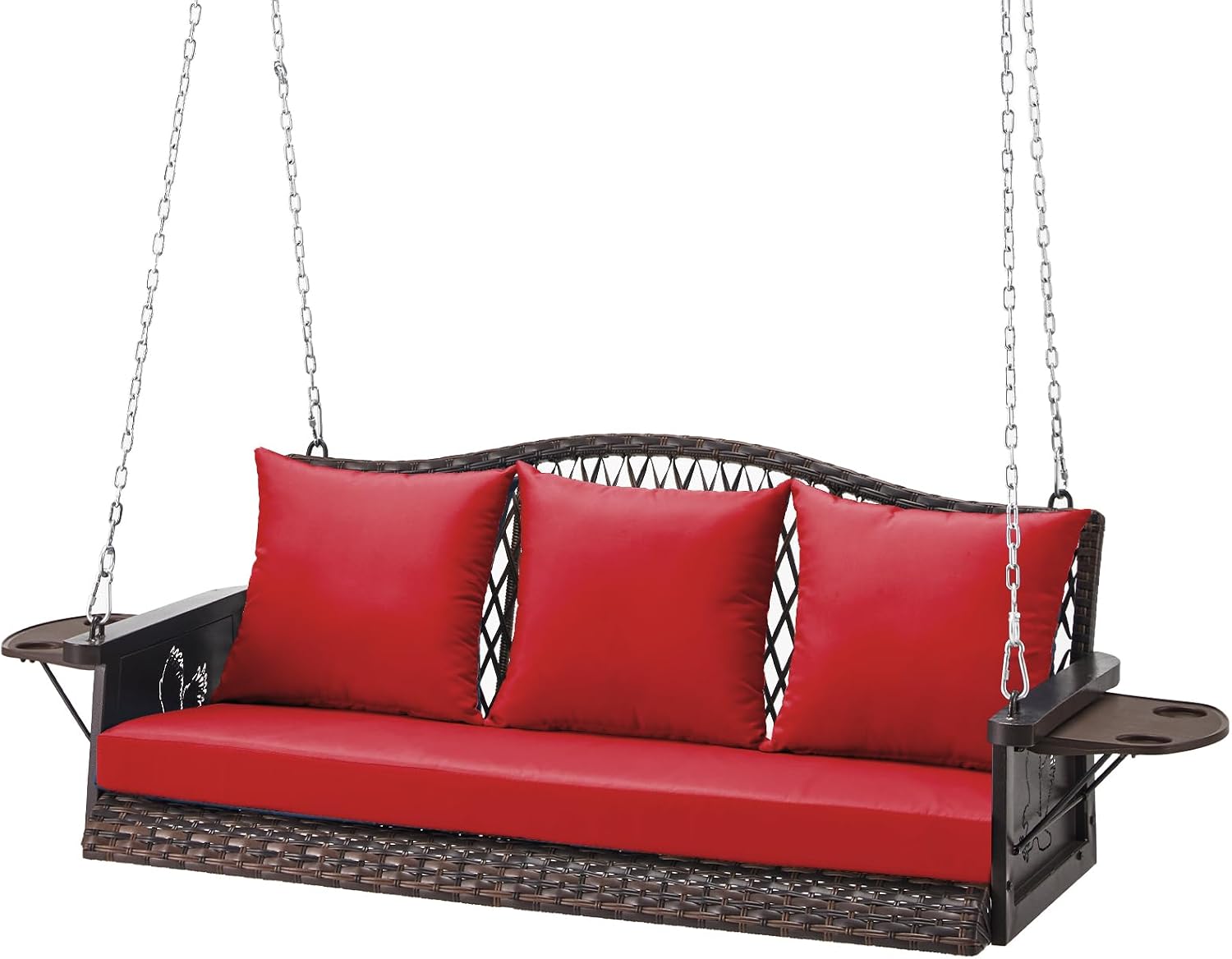 ZZW Upgraded Wicker Hanging Porch Swing Heavy Duty 900 LBS 3-Seat Outdoor Patio Swing Chair Bench for Adult w/ 8.9ft Hanging Chains Cushions and Cup Holder