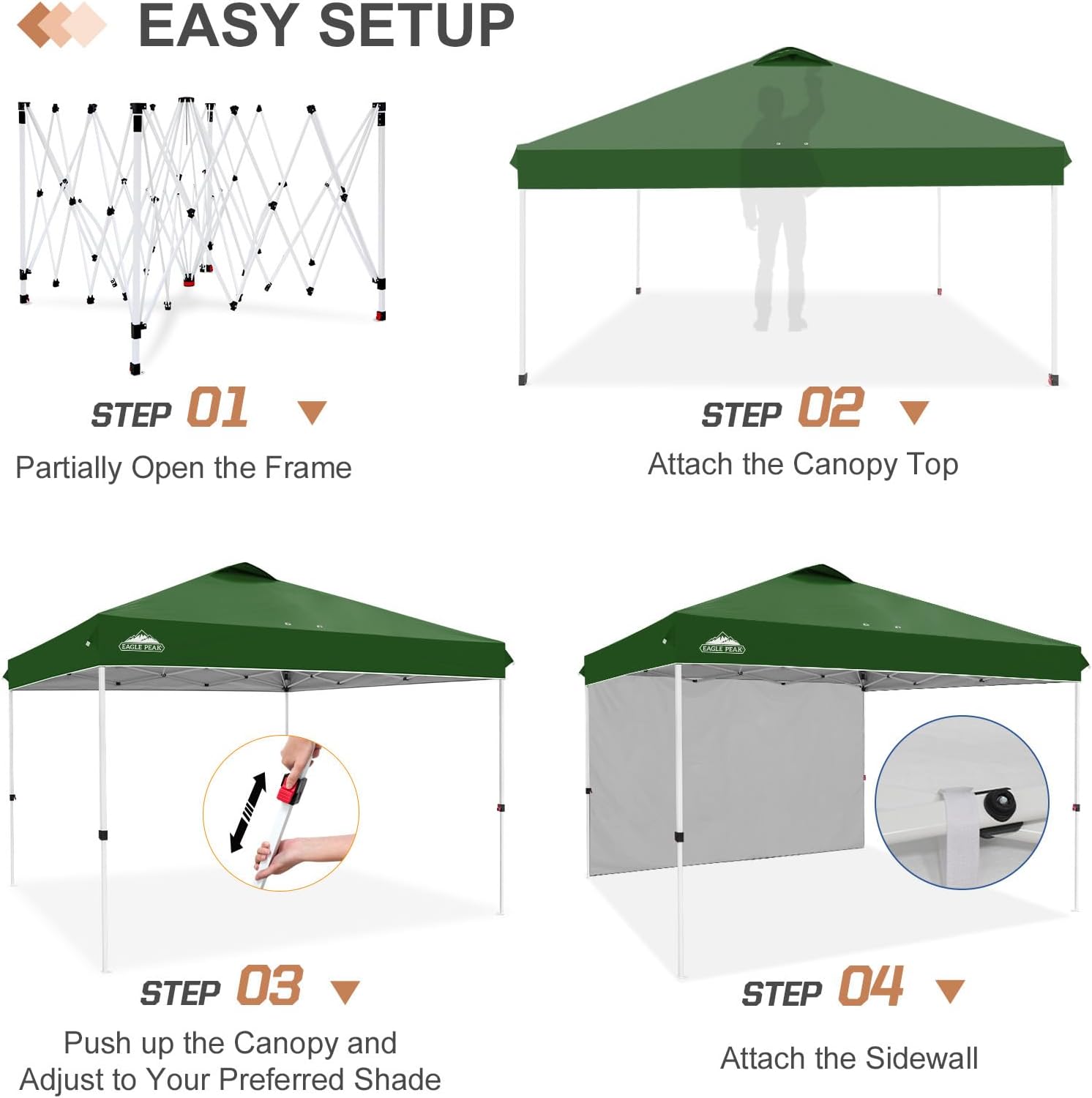 EAGLE PEAK Commercial Canopy 12x12 Pop Up Canopy Tent with 1 Sidewall, Easy Setup Heavy Duty Instant Event Shelter for Vendors & Markets, Outdoor Sun Shade, Green