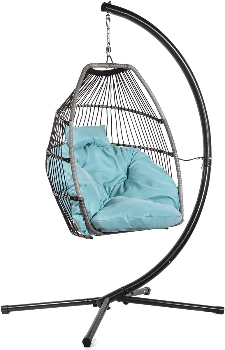 Barton Outdoor Wicker Hanging Chair Swing Chair Patio Egg Chair UV Resistant Soft Deep Fluffy Cushion Relax Basket Porch Lounge (Aqua)