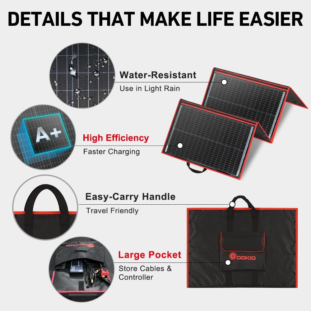 DOKIO 200W Portable Foldable Solar Panel Kit, Compact 20x26.4in Design 9.7lb with Standalone Controller and USB, Monocrystalline Charger for 12V Batteries, Power Stations, RV Camping Emergency Use