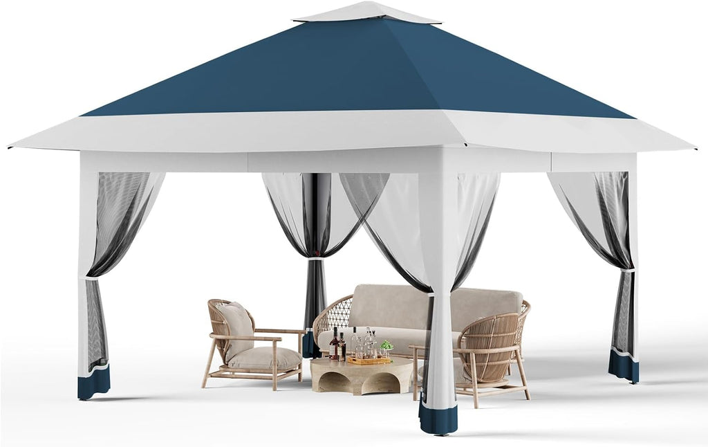 GarveeTech Pop Up Gazebo 13x13 ft Canopy Tent with Mosquito Netting, Outdoor Patio Gazebo with 3 Adjustable Heights, Tent Shelter Quick Setup Backyard Tent for Party,Wedding (Navy Blue+Hemp Grey)