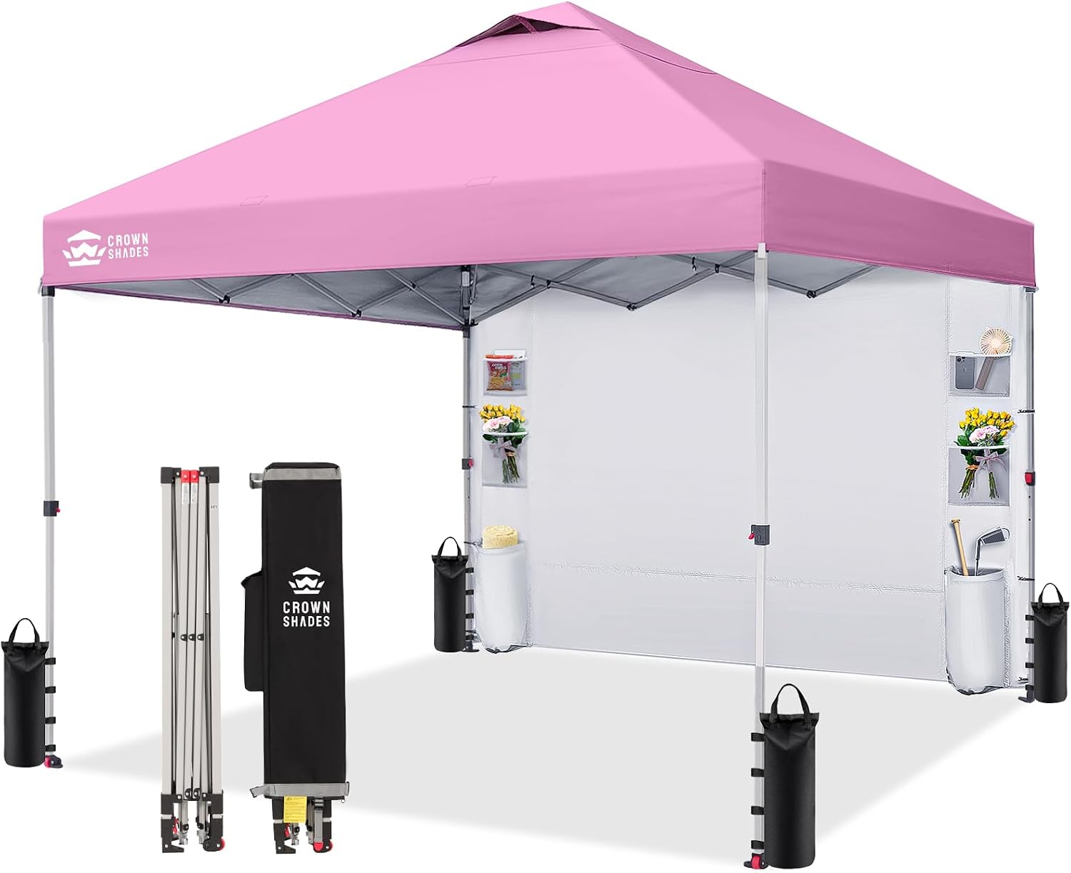 CROWN SHADES Canopy Tent, 10 x 10 Foot Portable Pop Up Outdoor Shelter with Pocket Sidewall, Push Center Lock, UV Protection, and Carry Bag, Pink
