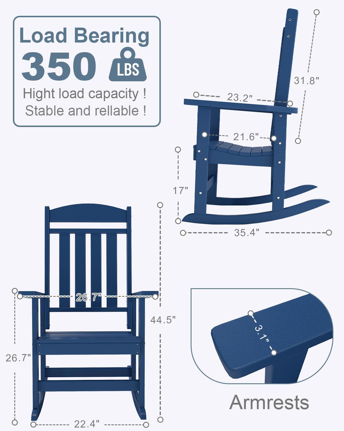 NAVINE Outdoor Rocking Chairs Set of 2, Oversized High Back Patio Rocking Chairs, All Weather Porch Rocking Chairs for Outside. Navy Blue