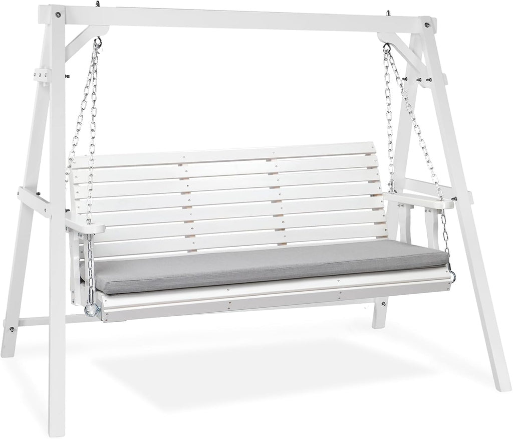 VINGLI 5 FT Outdoor Porch Swing with Frame, Patio Hanging Swing & Stand with Extra Cushions Heavy Duty 880 LBS for Yard, Garden, Pool, Deck, White