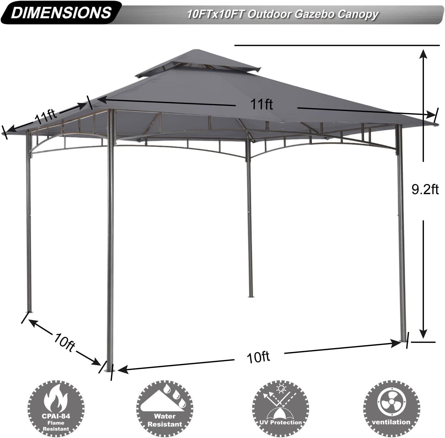 ABCCANOPY Gazebos for Patios 10x10 - Outdoor Steel Frame Gazebo for Lawn Backyard Garden Deck (Dark Gray)