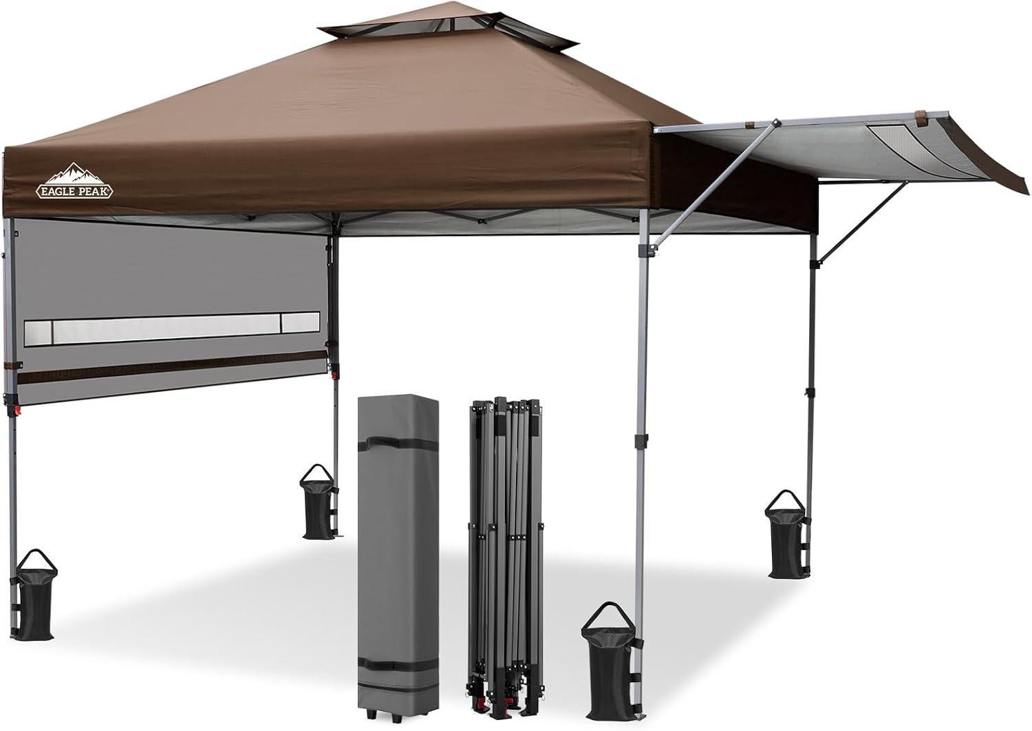 EAGLE PEAK 17x10 Pop up Gazebo Canopy Tent Outdoor Instant Canopy Shelter with Adjustable Dual Half Awnings (Brown)
