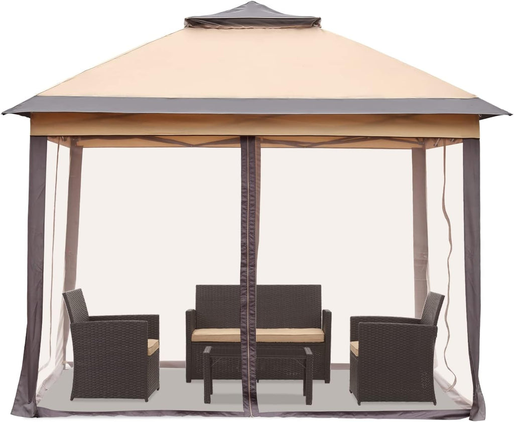 11x11 FT Gazebo Tent, Outdoor Tents for Parties with Mosquito Netting, Folding Heavy Duty Height Adjustable Canopy Tent for Patio Backyard Garden (Brown)